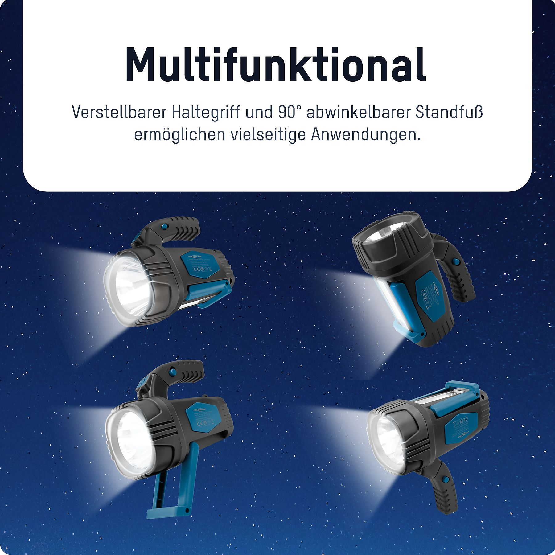 Vier Hand-Taschenlampen leuchten hell vor sternenklarem Hintergrund.