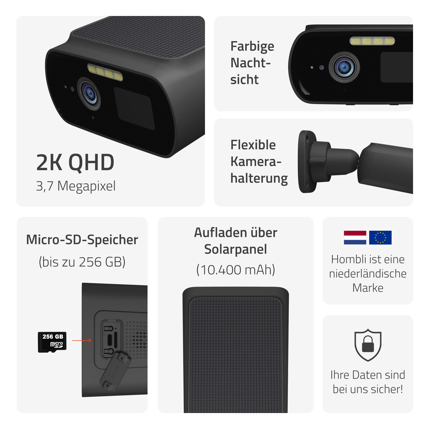 Eine schwarze Überwachungskamera mit Nachtsicht- und Solar-Ladefunktionen.