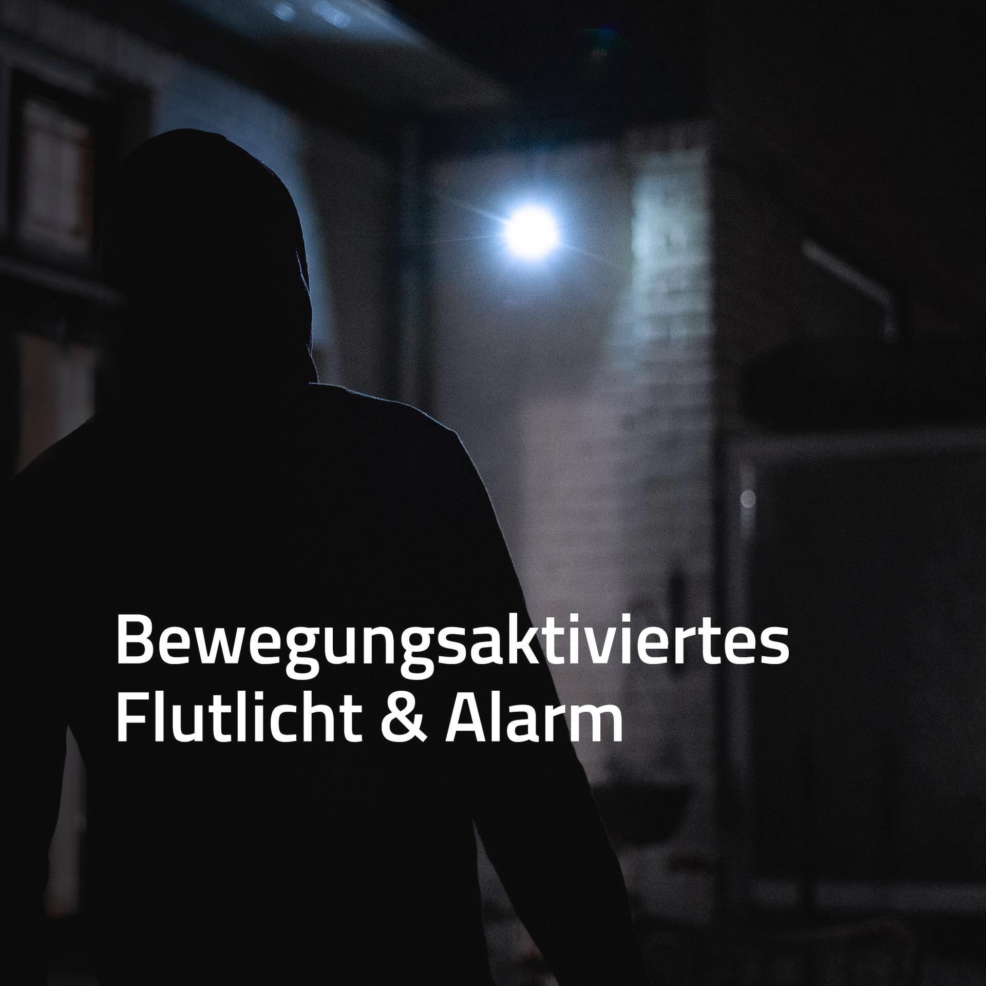 Silhouette einer Person in einem dunklen Raum, ein helles Licht beleuchtet die Szene. Text: Bewegungsmelder.