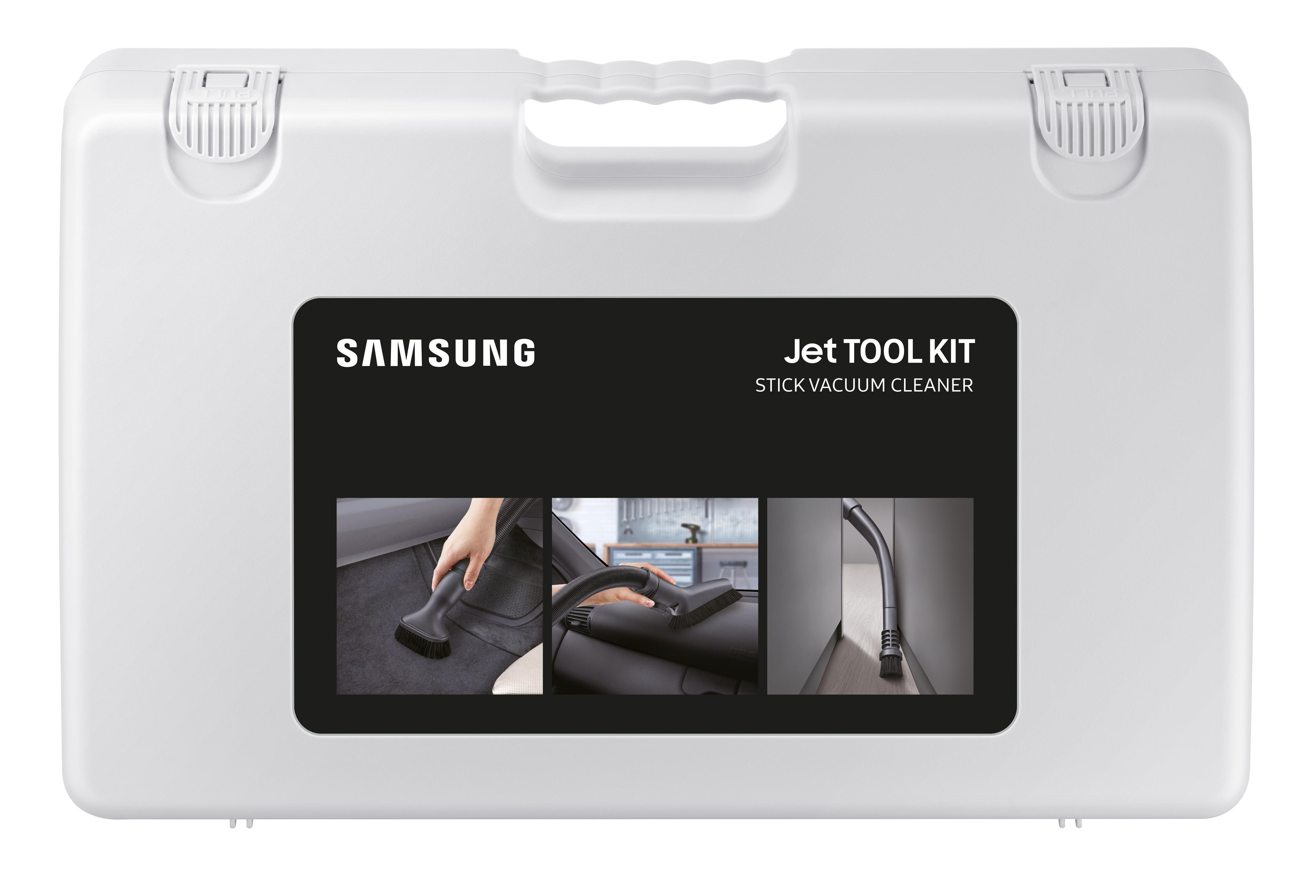 Weißer Koffer mit Text 'Jet Tool Kit' und Bildern der Staubsauger-Anwendung. Weißer Hintergrund.
