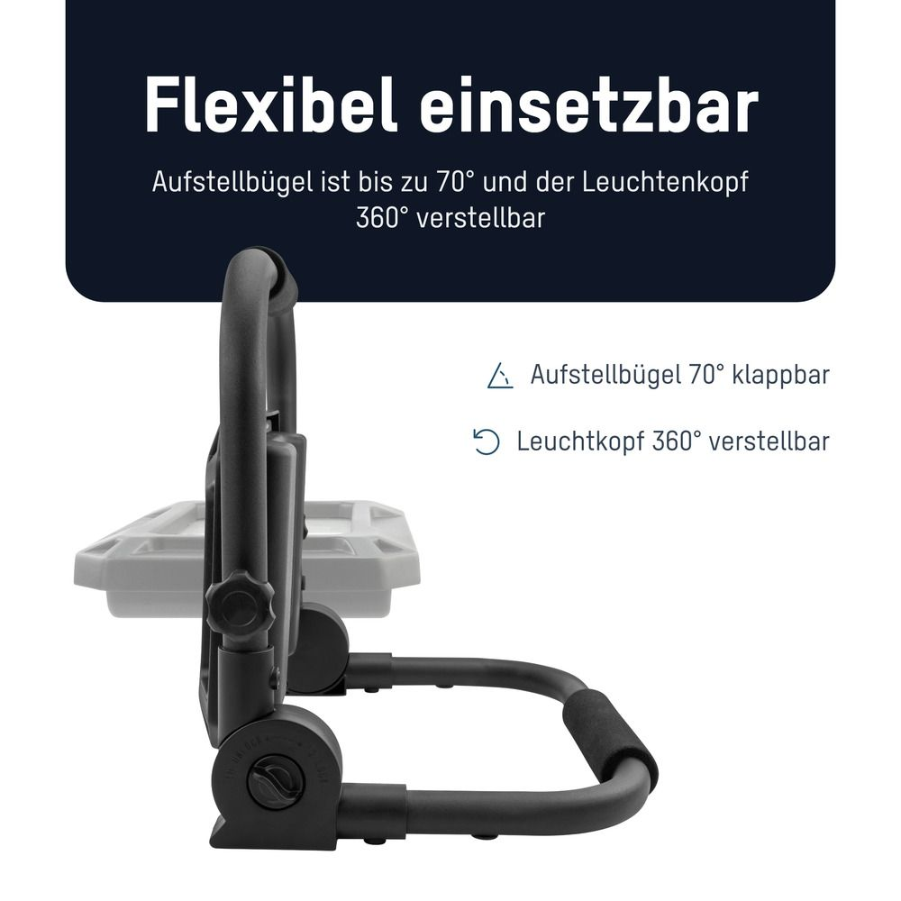 Schwarze, verstellbare Lampe mit Text: 'Flexibel einsetzbar.' Merkmale: 70° verstellbarer Ständer, 360° drehbarer Kopf.