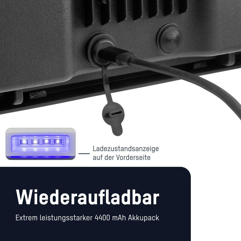 Schwarzes Gerät mit Ladeanzeige und Ladekabel. Weißer Hintergrund. Der Text lautet Wiederaufladbar.