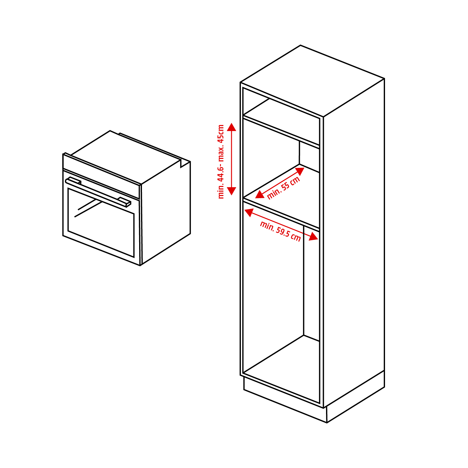 Line drawing of an oven and a cabinet with dimensions marked.