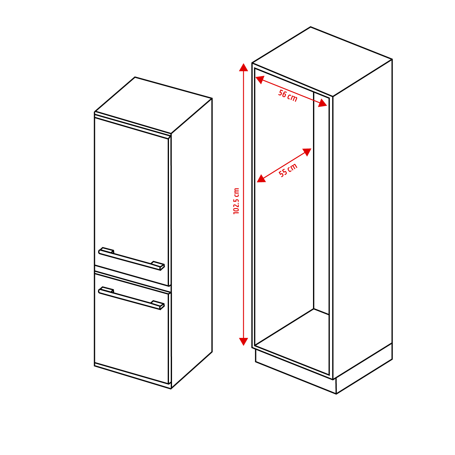 Isometric drawing of a refrigerator and a cabinet with dimensions, in a white background.