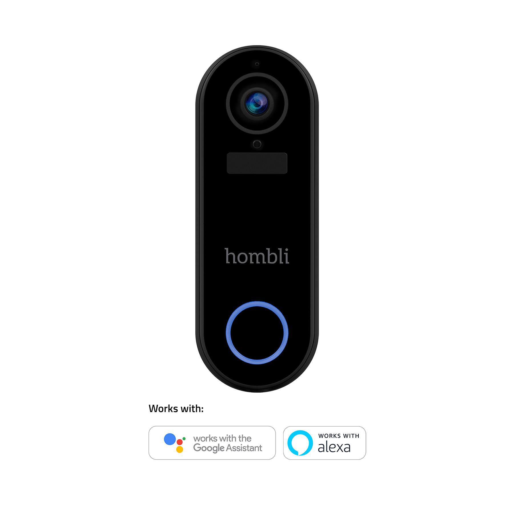 Schwarze Hombli Türklingelkamera. Blaues Ringlicht, Google- und Alexa-Kompatibilität.