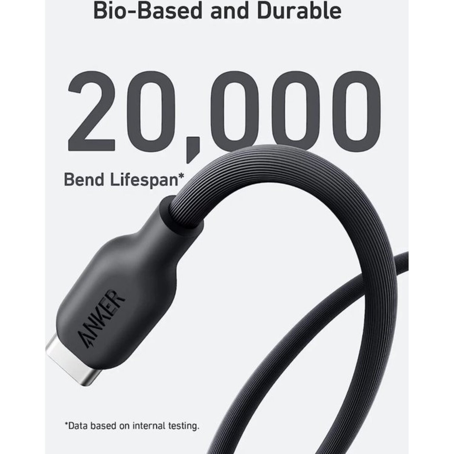 Gros plan sur un câble USB-C noir. L'extrémité indique ANKER et le texte indique 20 000 pliages.