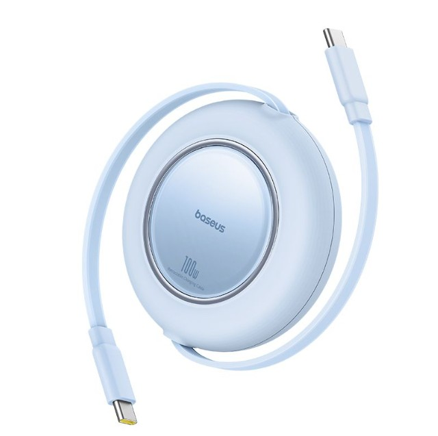 Açık mavi Baseus şarj kablosu, yuvarlak şekil, iki USB-C ucu ile.