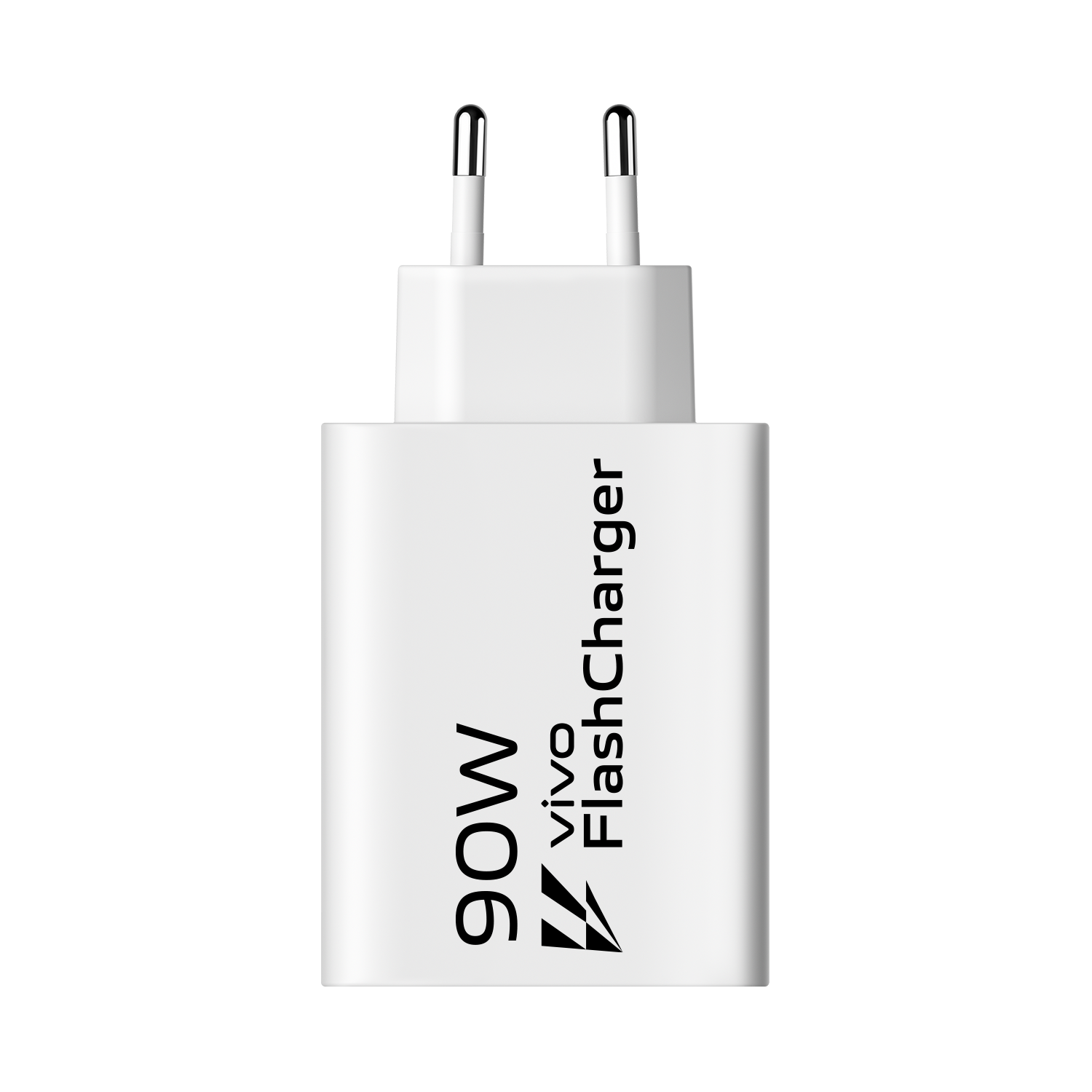 Ein weißer vivo FlashCharger-Netzadapter mit schwarzem Text.