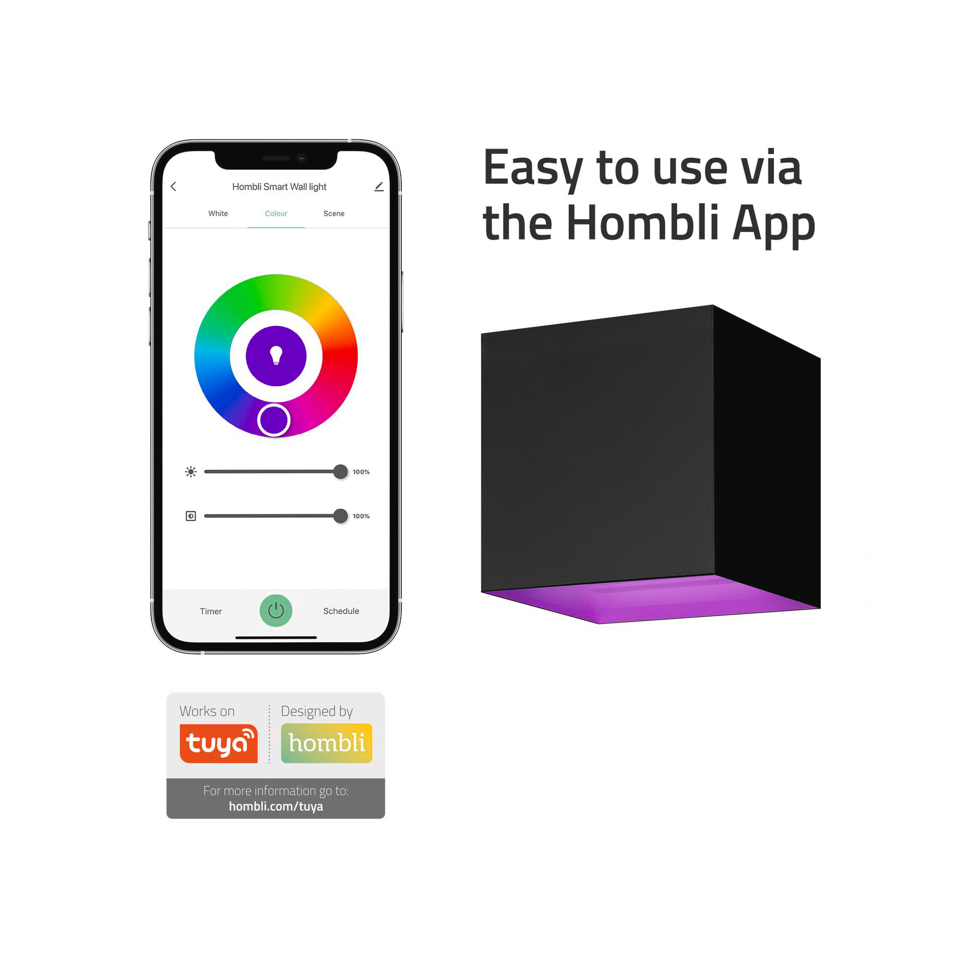 Eine smarte Wandleuchte mit einem Telefon, das die Farbauswahl in der Tuya-App zeigt.