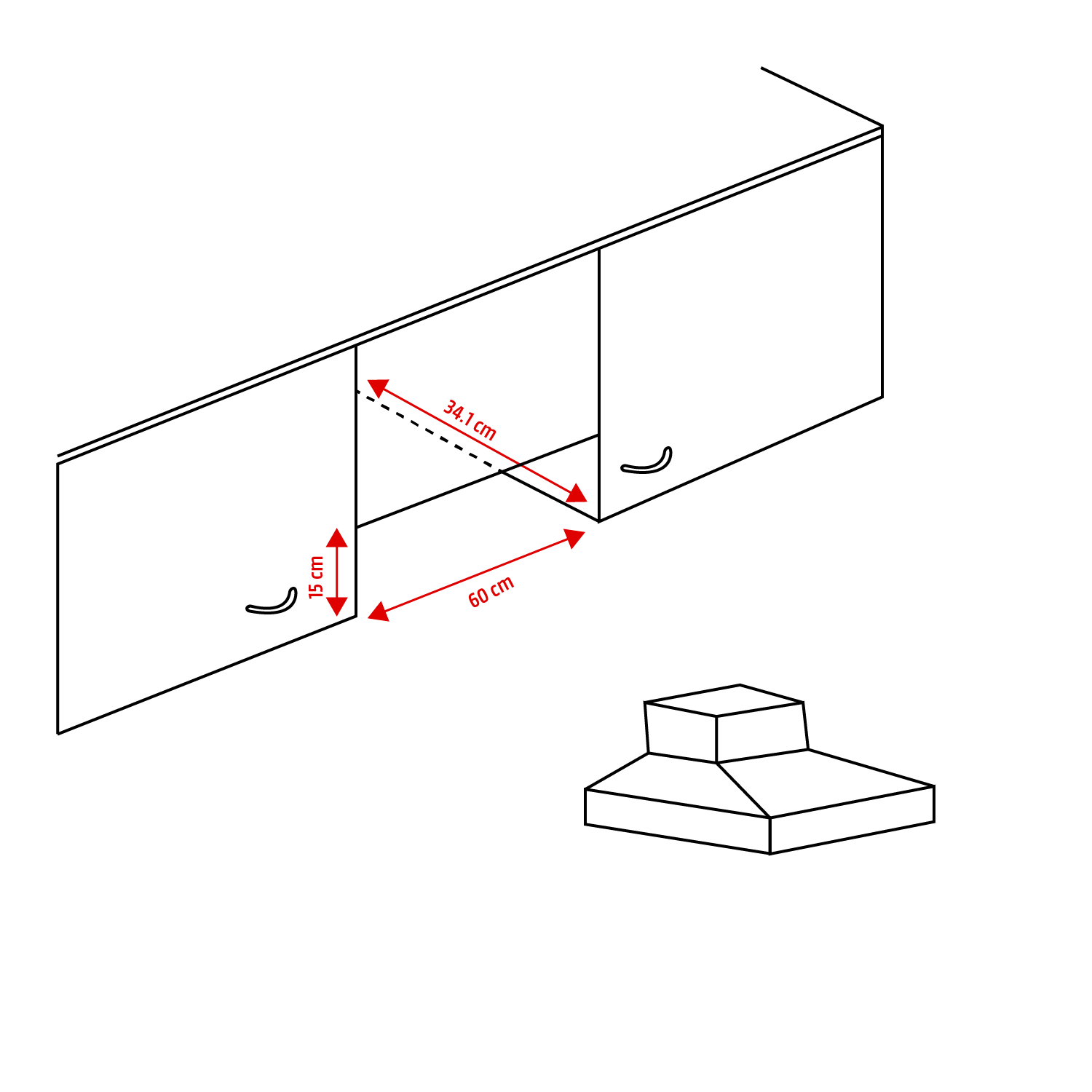 Diagram shows a kitchen cabinet with dimensions and a range hood.