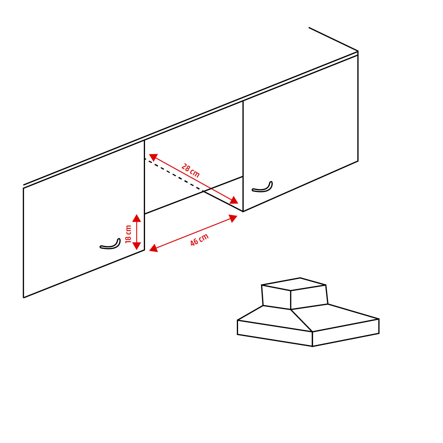 Line drawing of kitchen cabinets with measurements. White background.