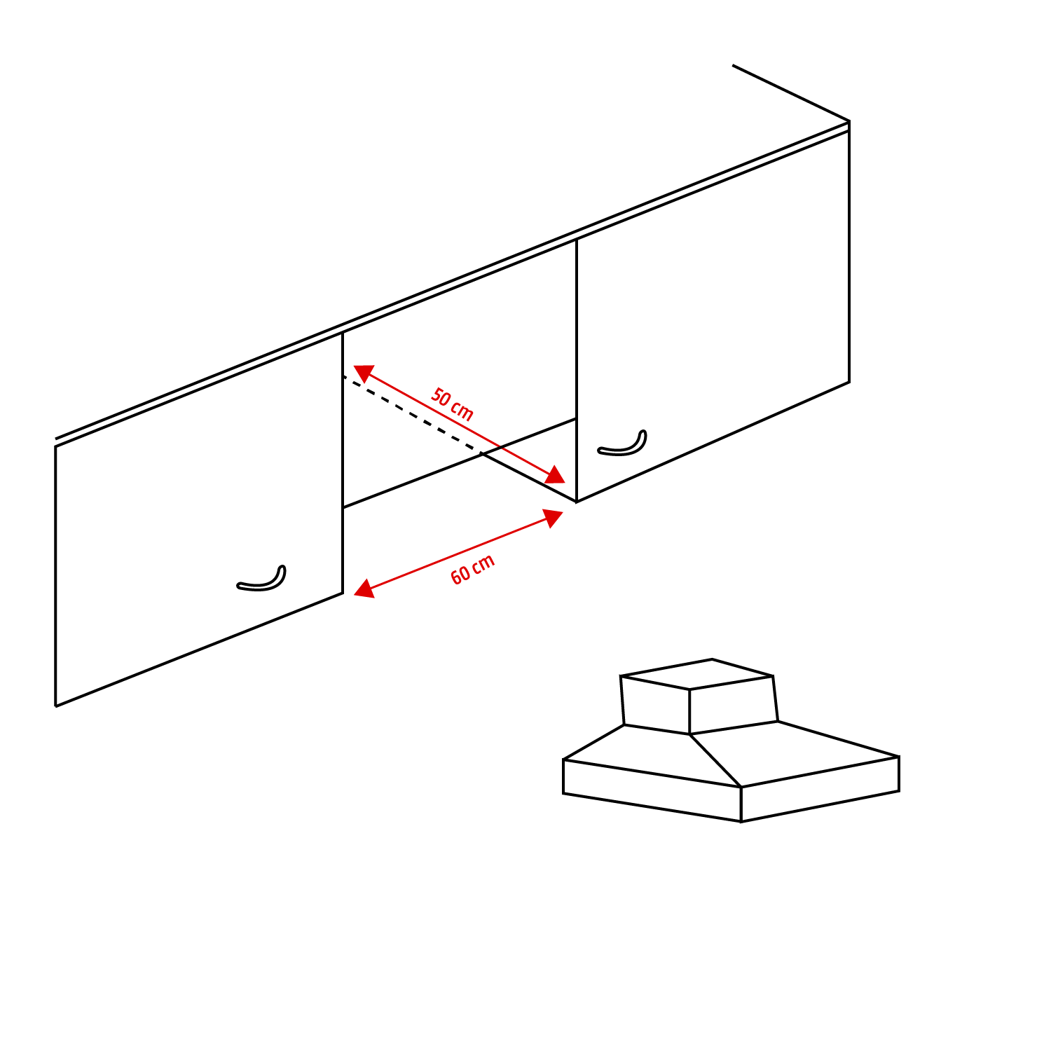 A drawing of a kitchen cabinet and a hood.