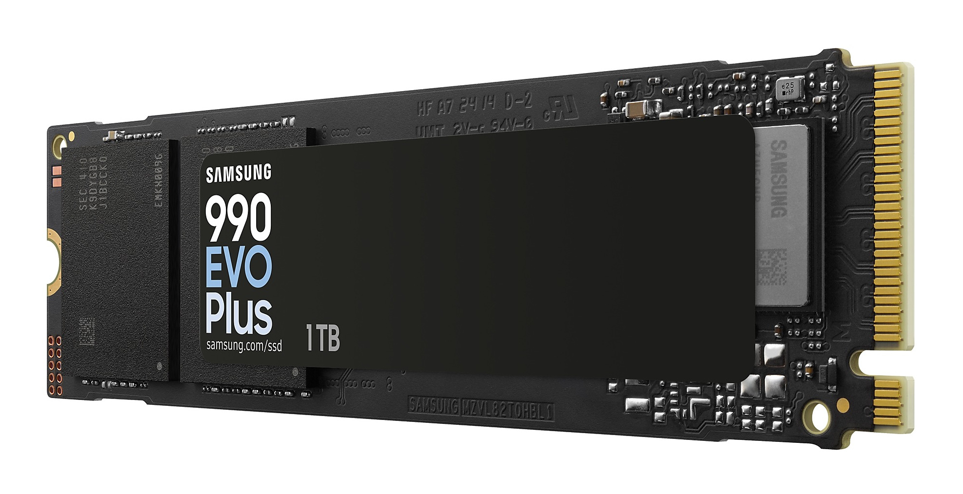 Dysk SSD Samsung 990 EVO Plus 1 TB, czarna etykieta na płytce drukowanej.