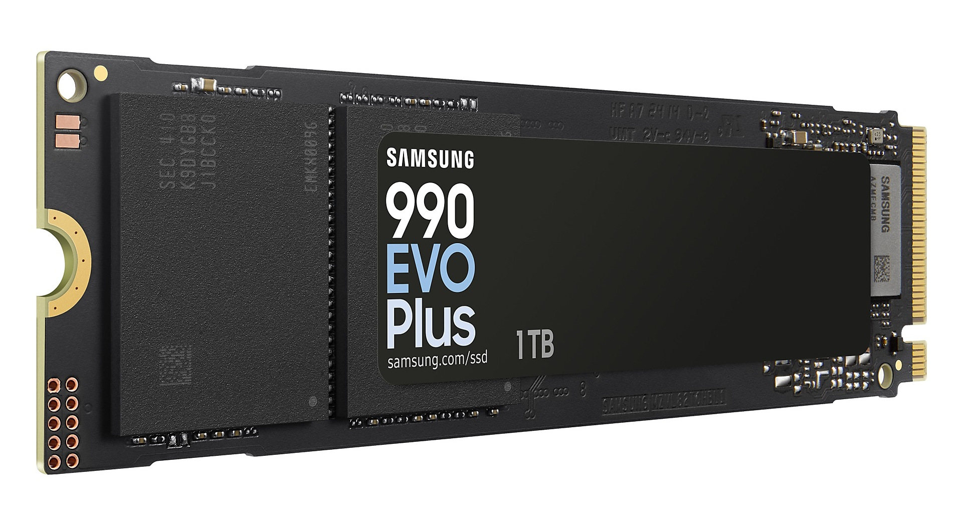 Czarny dysk SSD Samsung 990 EVO Plus 1TB, z etykietą, na białym tle.