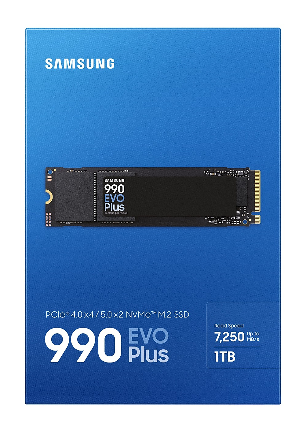 Niebieskie pudełko, dysk SSD Samsung. Dysk SSD jest czarny z białym i żółtym tekstem. Prędkość odczytu do 1 TB.