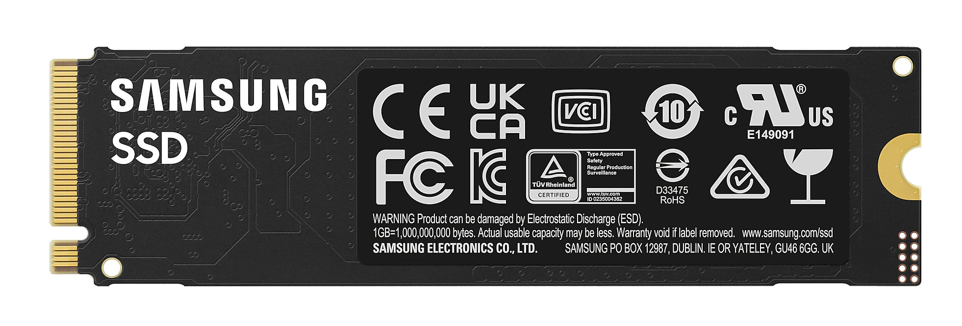 Czarny dysk SSD Samsung z różnymi etykietami.