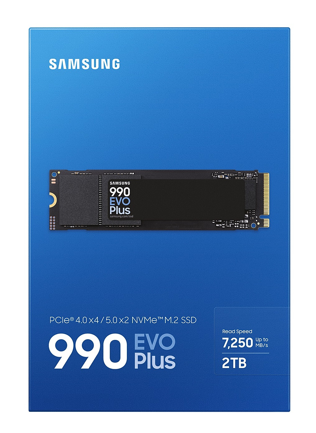 Czarny i niebieski dysk SSD w opakowaniu. Niebieskie tło.