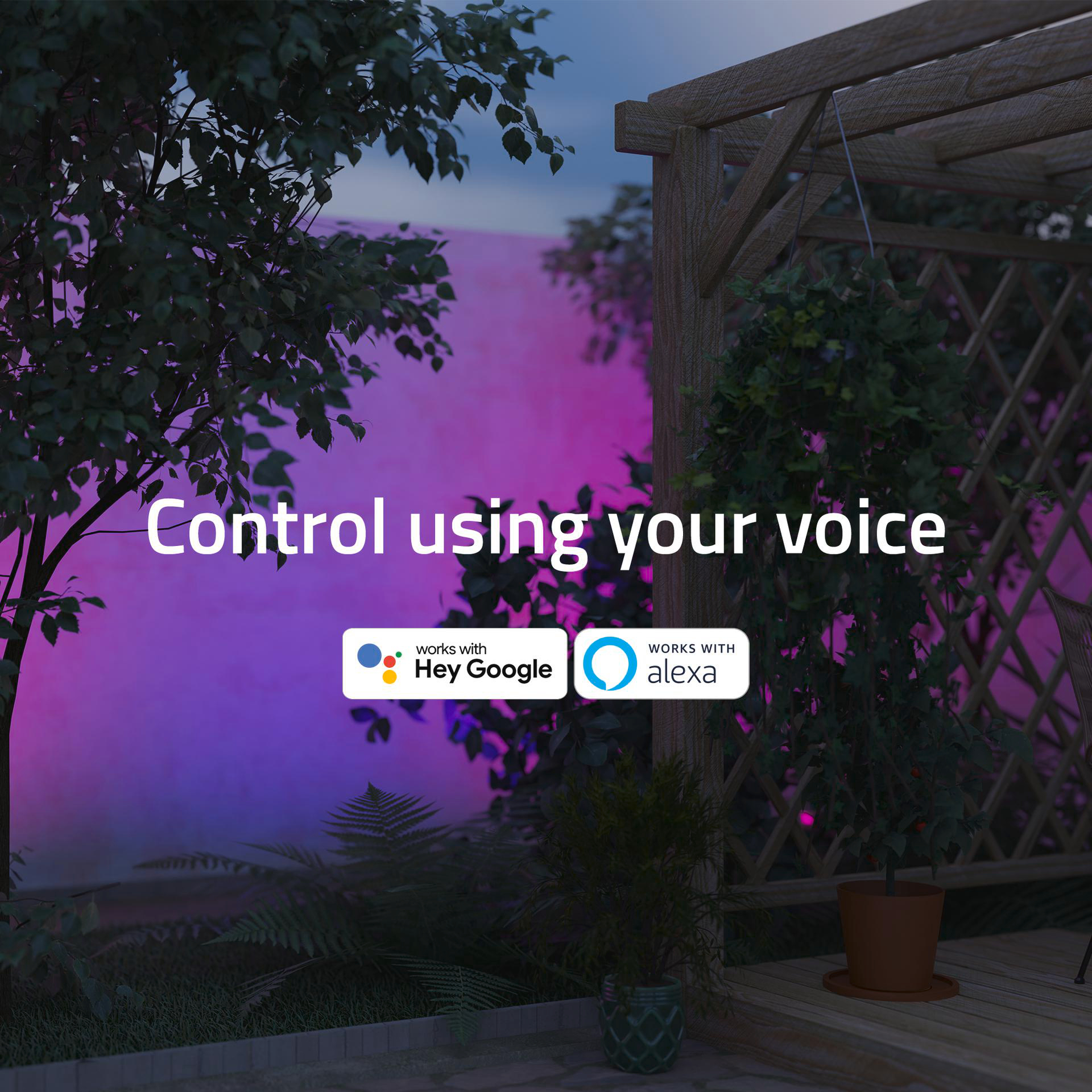 Szene mit Pergola und Pflanzen, beleuchtet mit farbigen Lichtern, mit Text 'Control using your voice'.