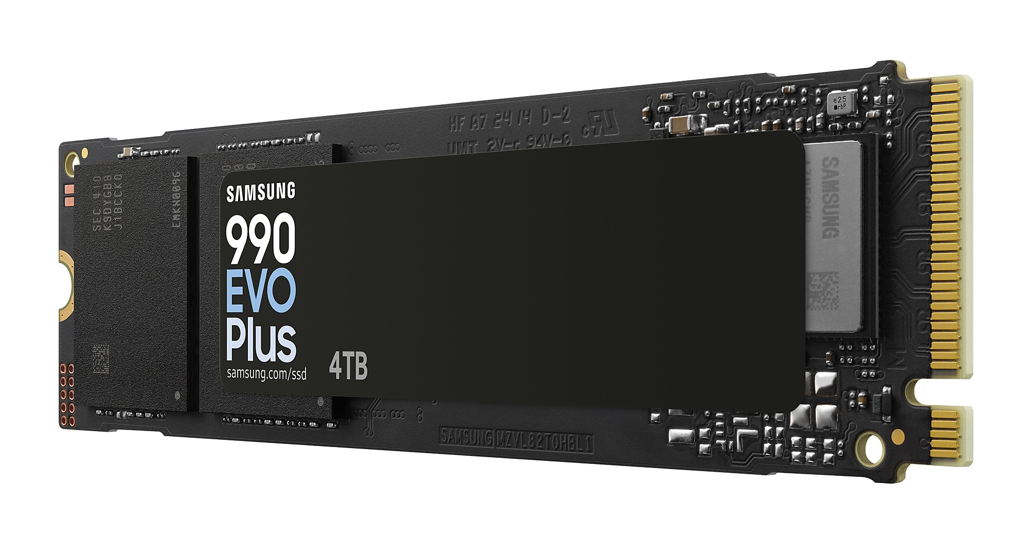 Czarna karta SSD Samsung 990 EVO Plus na białym tle.