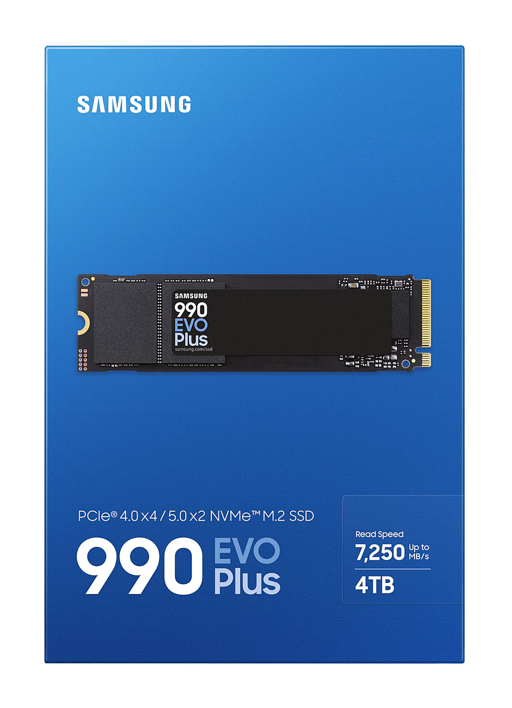 Niebieskie pudełko z czarnym dyskiem SSD i napisem 990 EVO Plus.