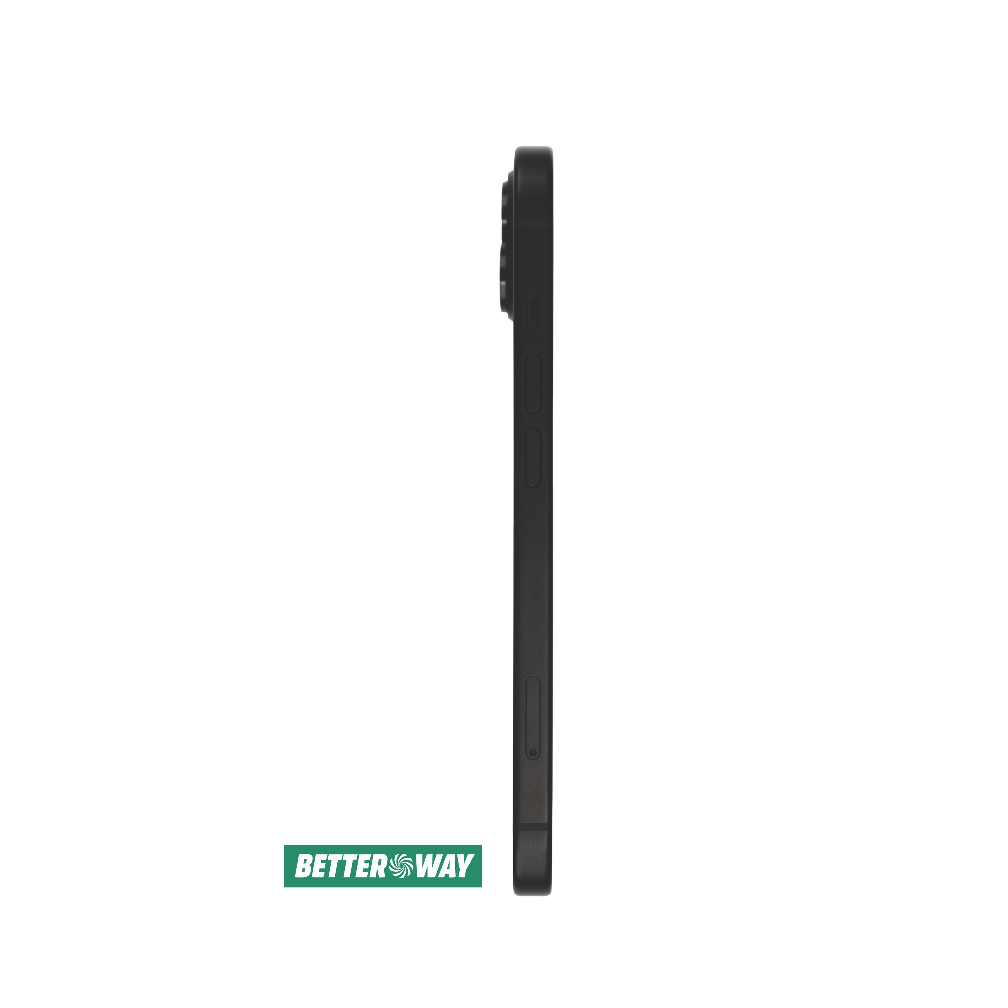 Die Seitenansicht eines schwarzen Smartphones mit Tasten und einem Logo.