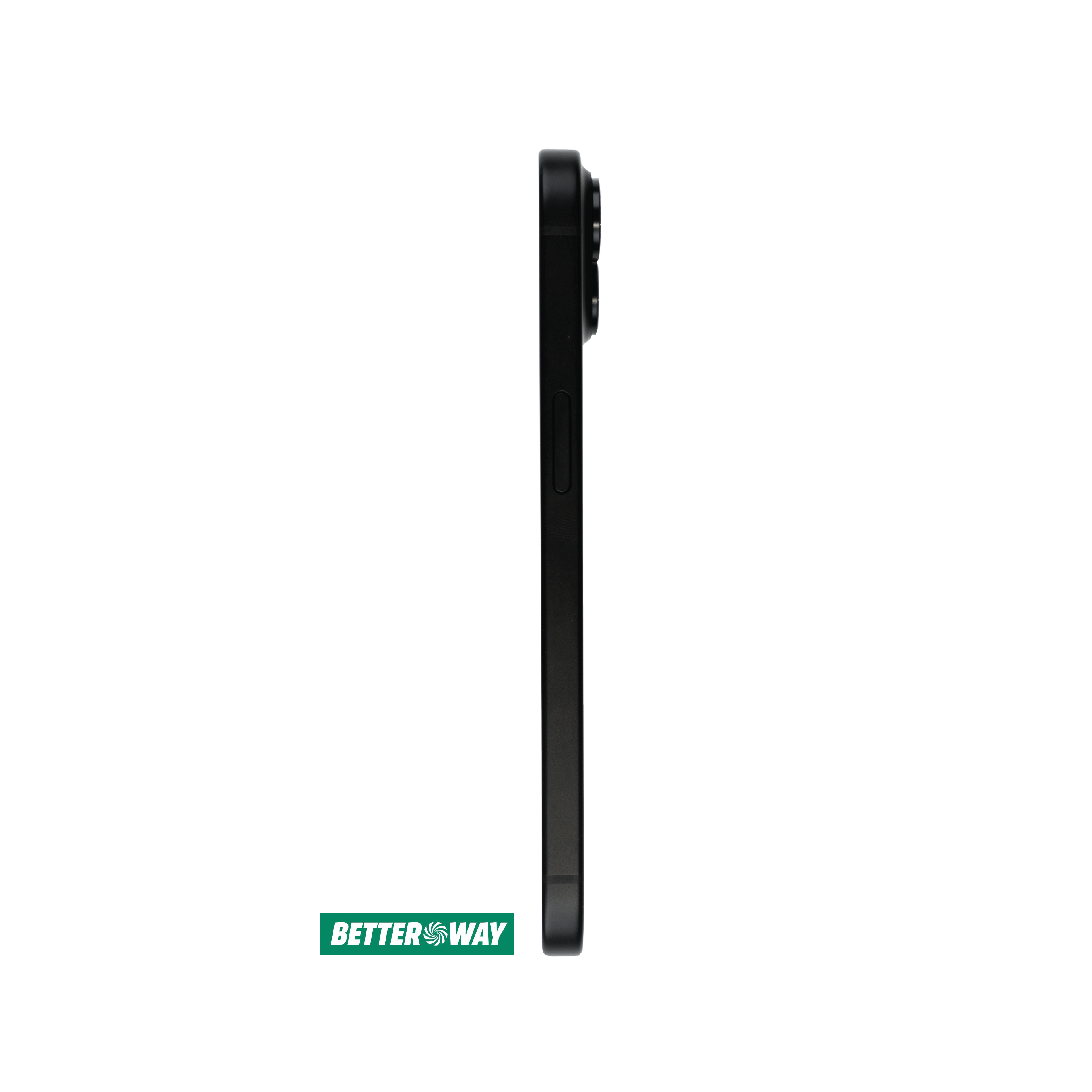 Seitenansicht eines schwarzen Telefons mit grünem Logo unten.