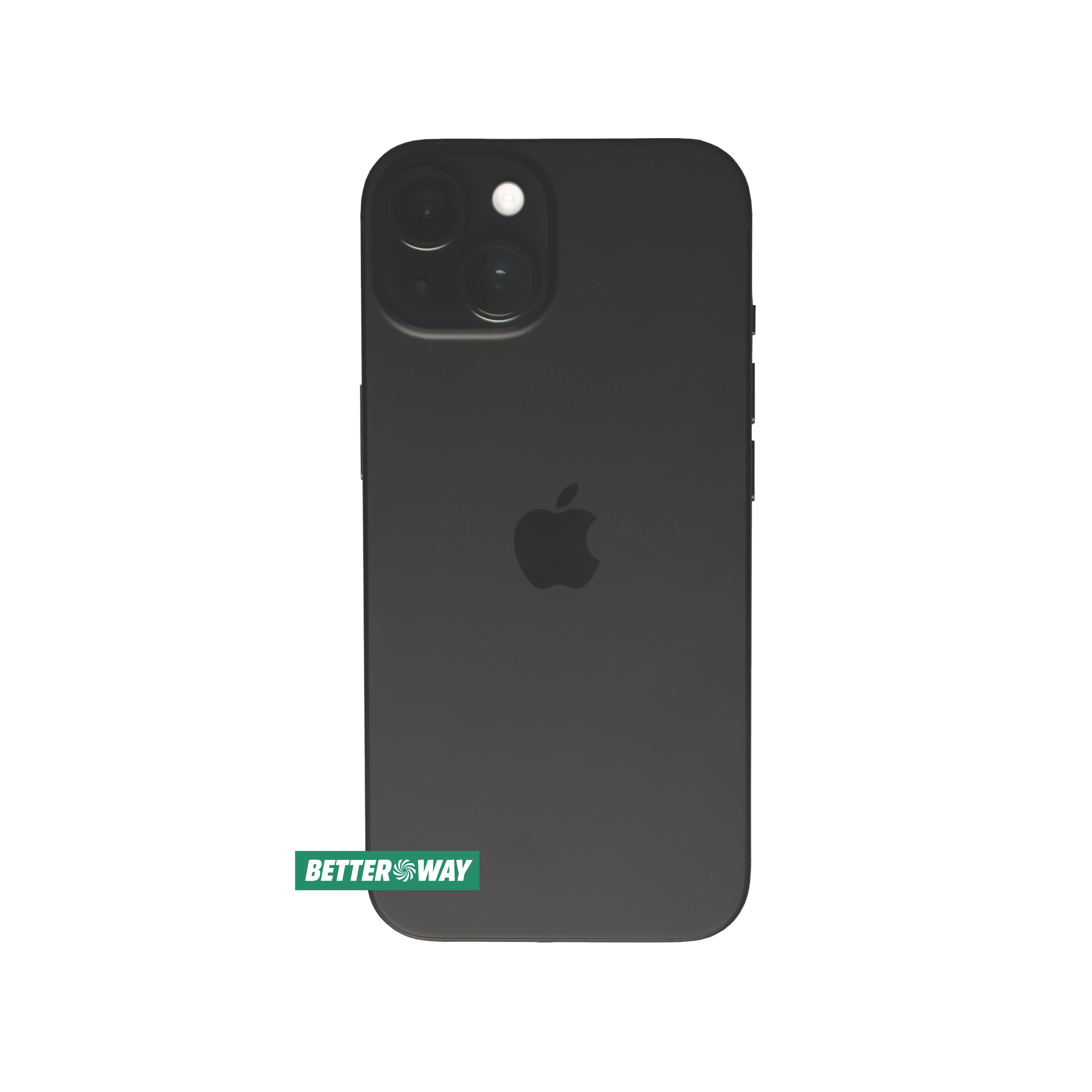 Schwarzes iPhone, Rückansicht, mit Apple-Logo und einem BETTER WAY-Aufkleber.
