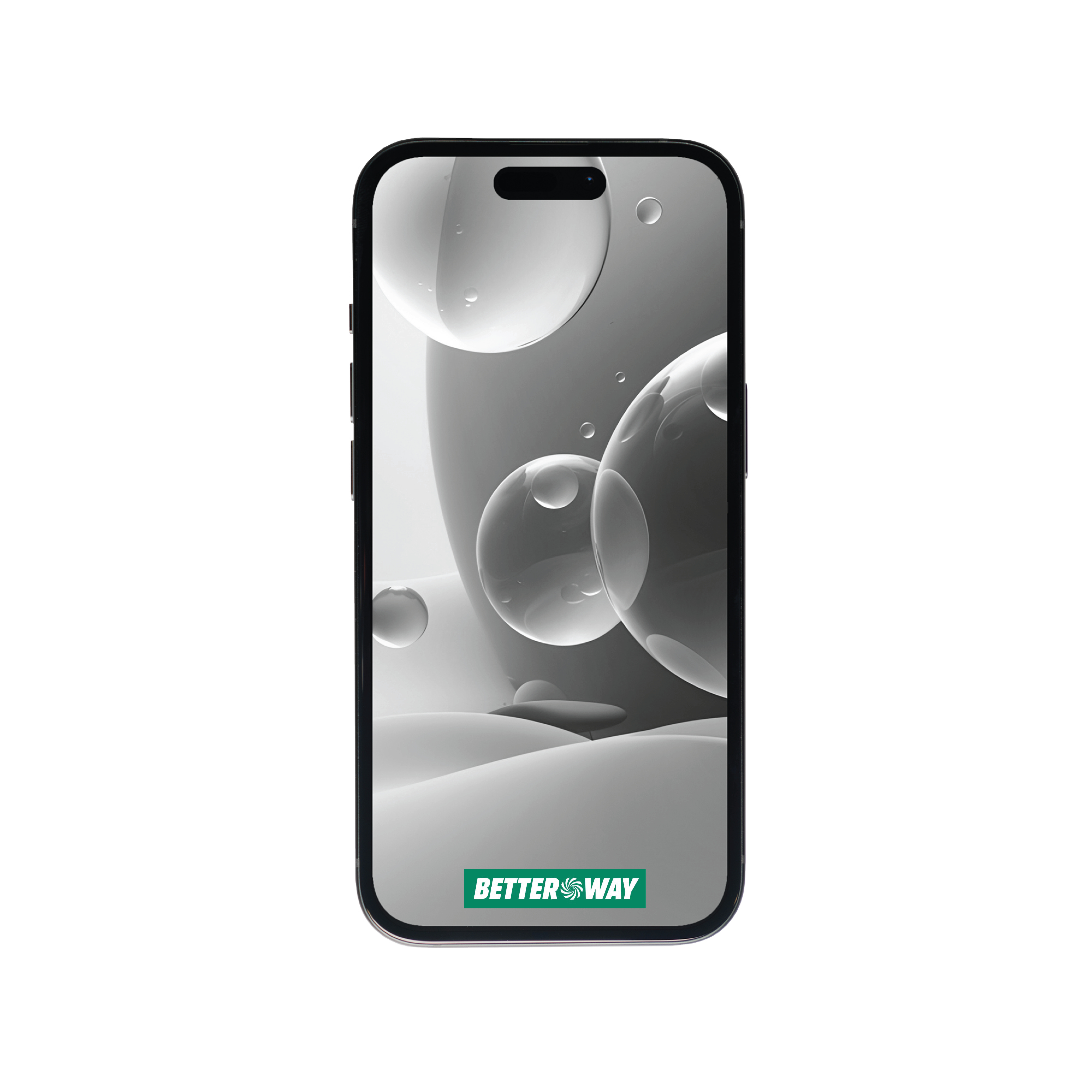 Smartphone mit schwarzem Rahmen und Bildschirm mit abstrakten Formen. Ein grünes Logo unten.