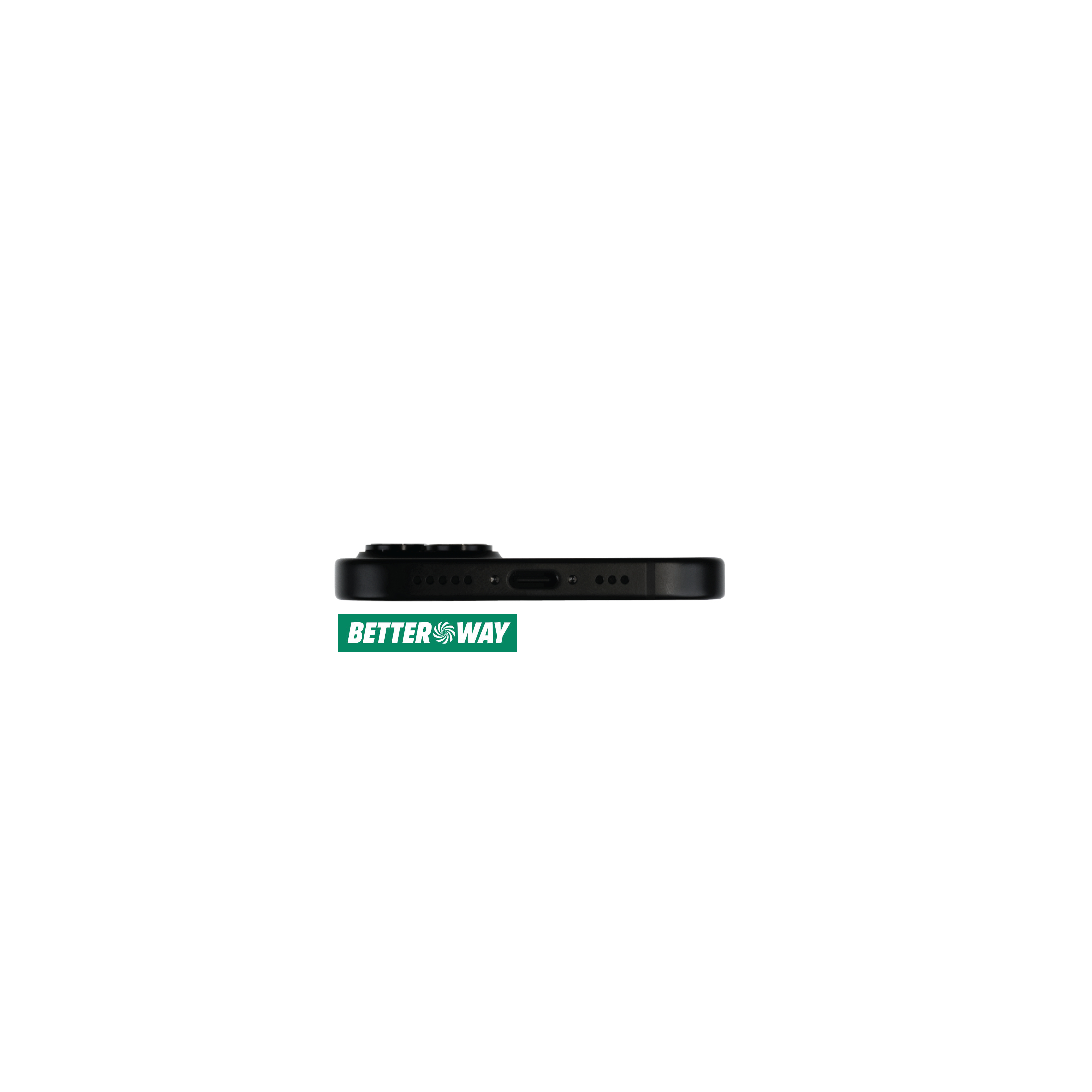 Seitenansicht eines schwarzen Telefons mit Better Way Logo.
