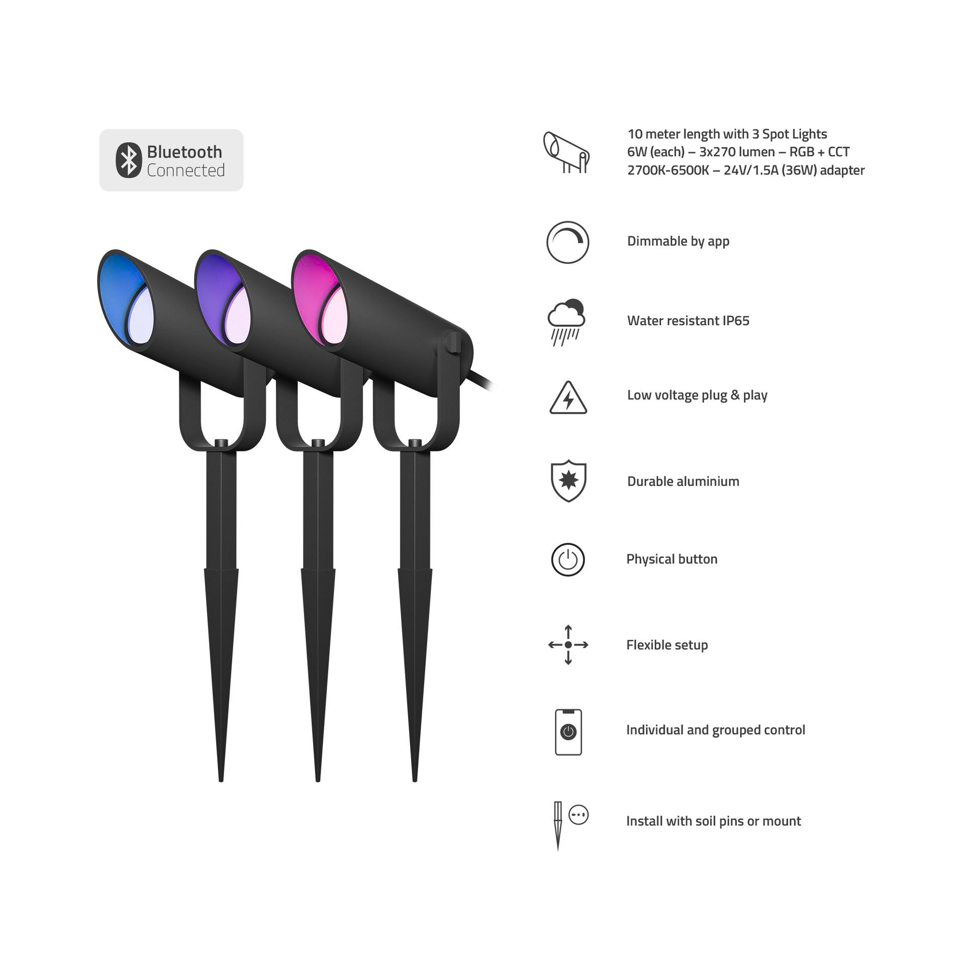 Drei schwarze Strahler mit Farbwechsel-Lichtern. Bluetooth-Verbindung, dimmbar, wasserfest.