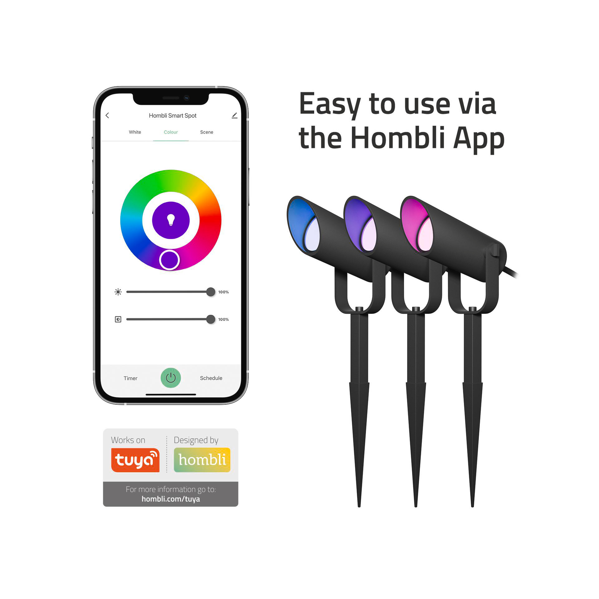 Ein Smartphone zeigt ein Farbrad. Drei schwarze Lichter mit farbigem Licht sind eingeschaltet.