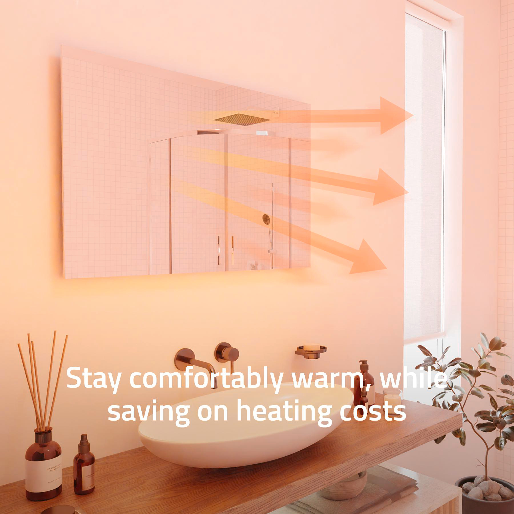 Badezimmer mit Heizspiegel, Holzregal und Pflanze. Text: Warm bleiben, Heizkosten sparen.