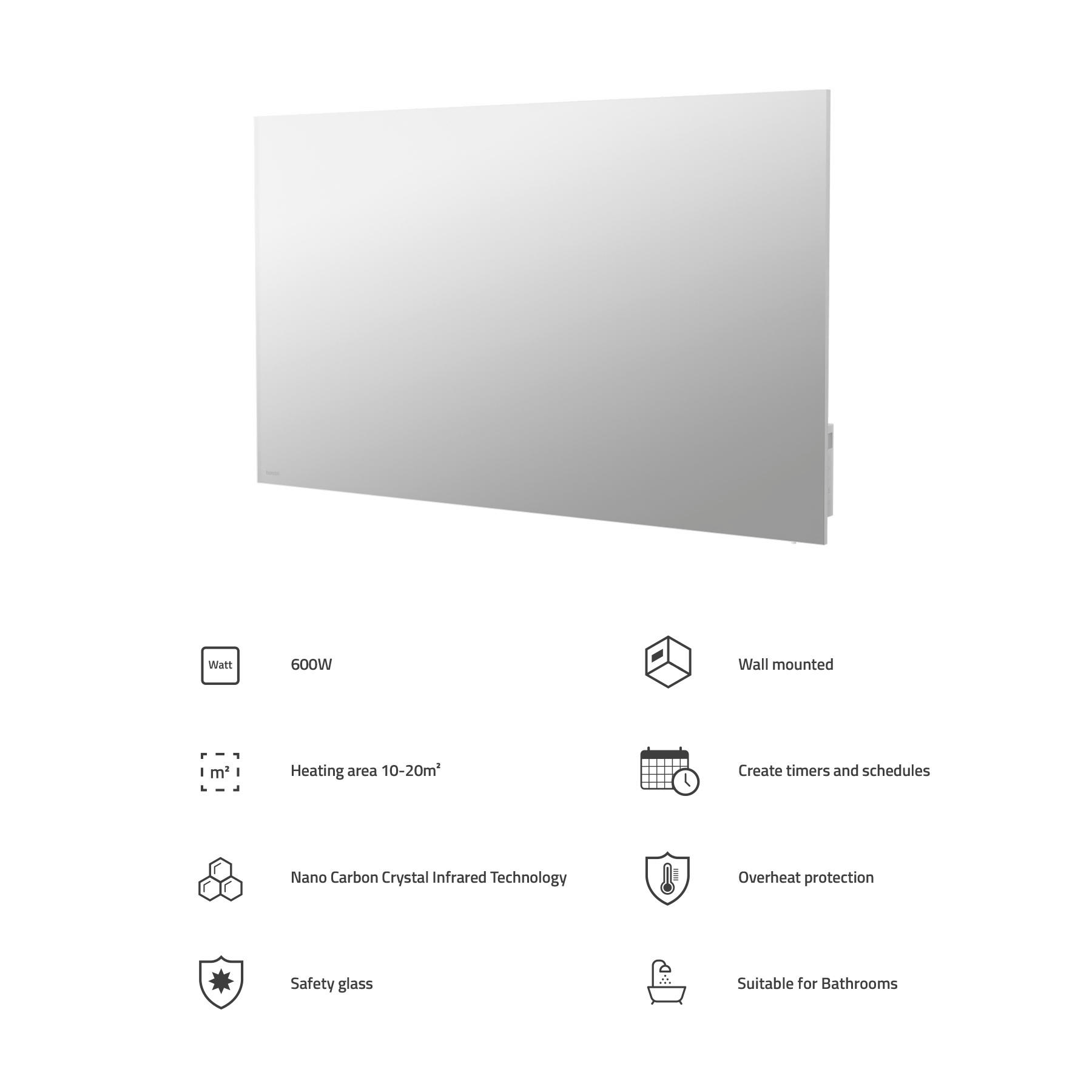 Ein weißer Infrarot-Heizkörper mit Symbolen, die Funktionen auf weißem Grund beschreiben.