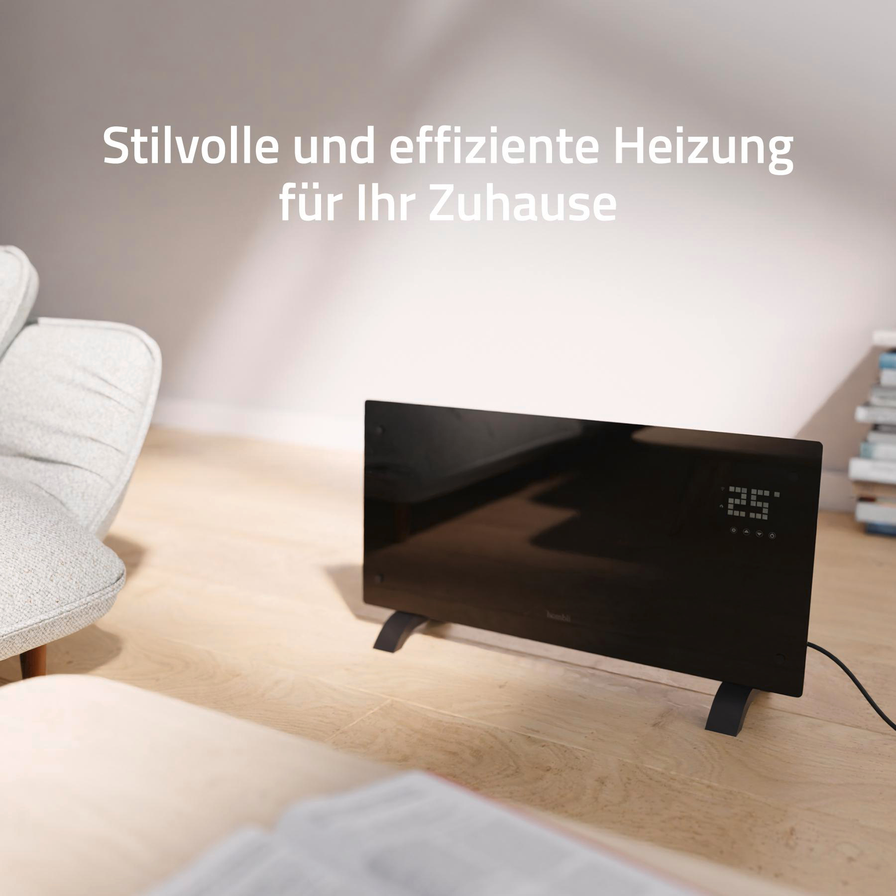 Wohnzimmer mit schwarzem Heizkörper. Text sagt 'Stilvolle und effiziente Heizung für Ihr Zuhause'.