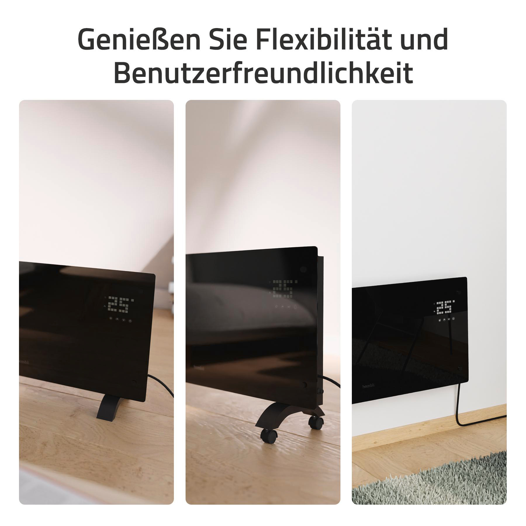 Schwarze Heizung mit Digitalanzeige, auf Holz, mit Rollen und Wand. Weißer Wandhintergrund.