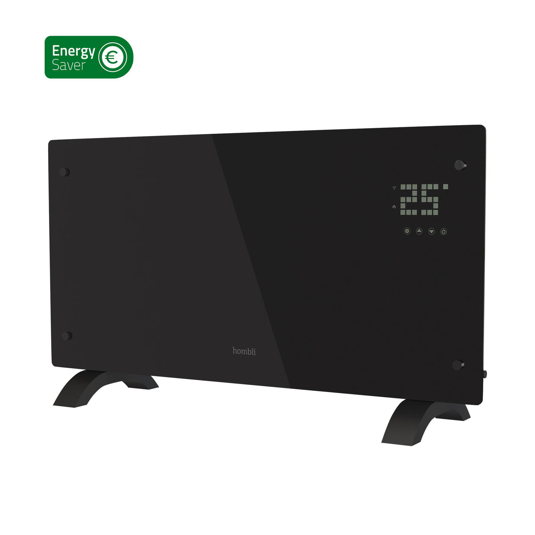 Eine schwarze Elektroheizung. Sie hat ein digitales Display und steht auf zwei schwarzen Füßen.