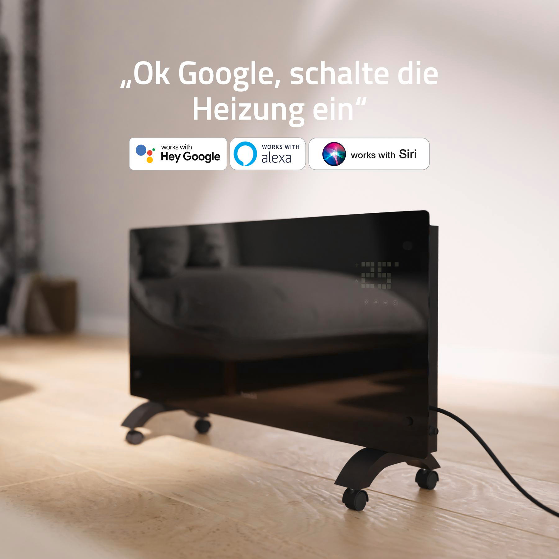 Schwarze Smart-Heizung auf Rädern. Text: Ok Google, Heizung einschalten.