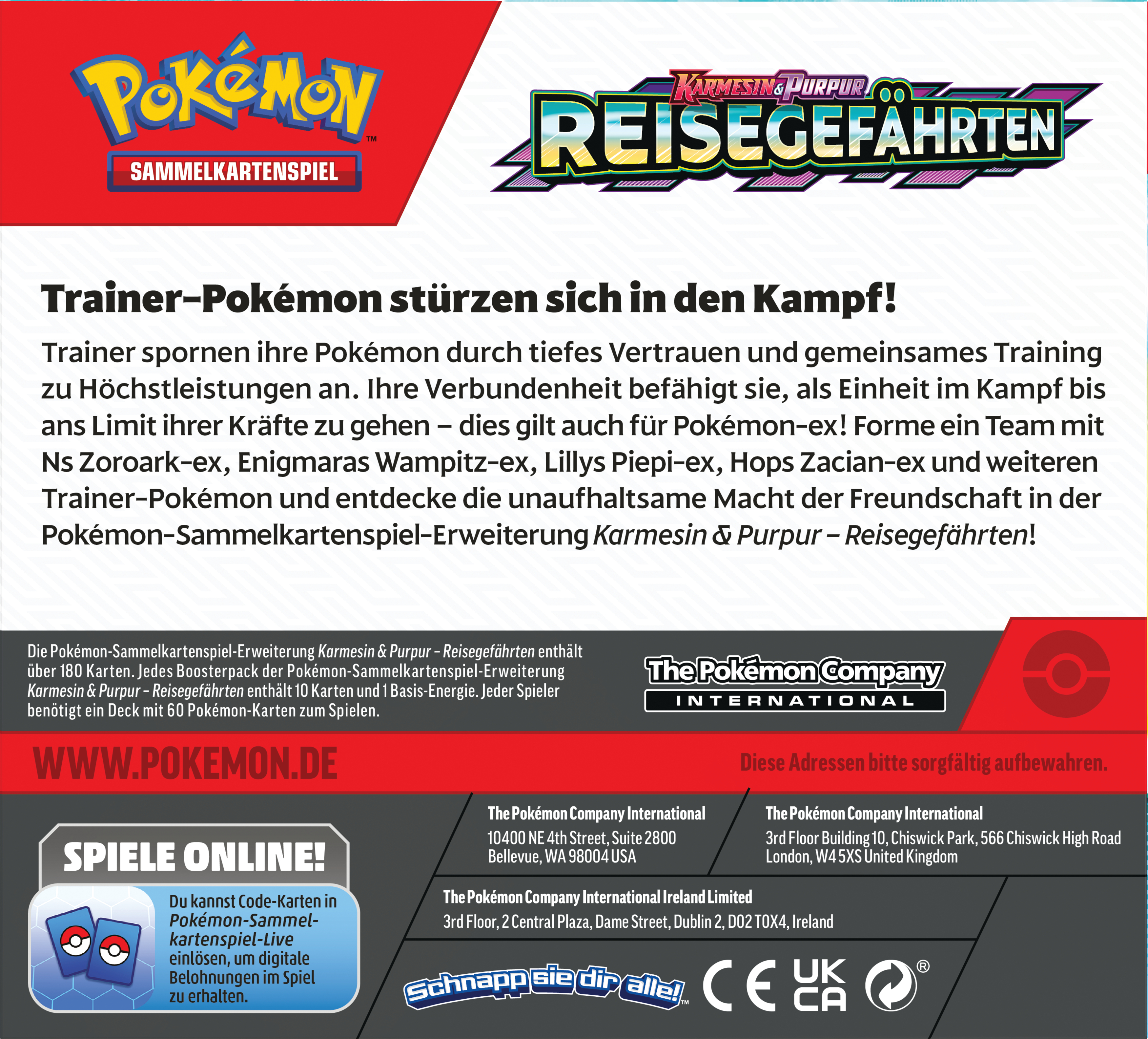 Eine Produktaufnahme einer Pokémon-Kartenbox mit Text und Bildern. Es gibt mehrere Logos.