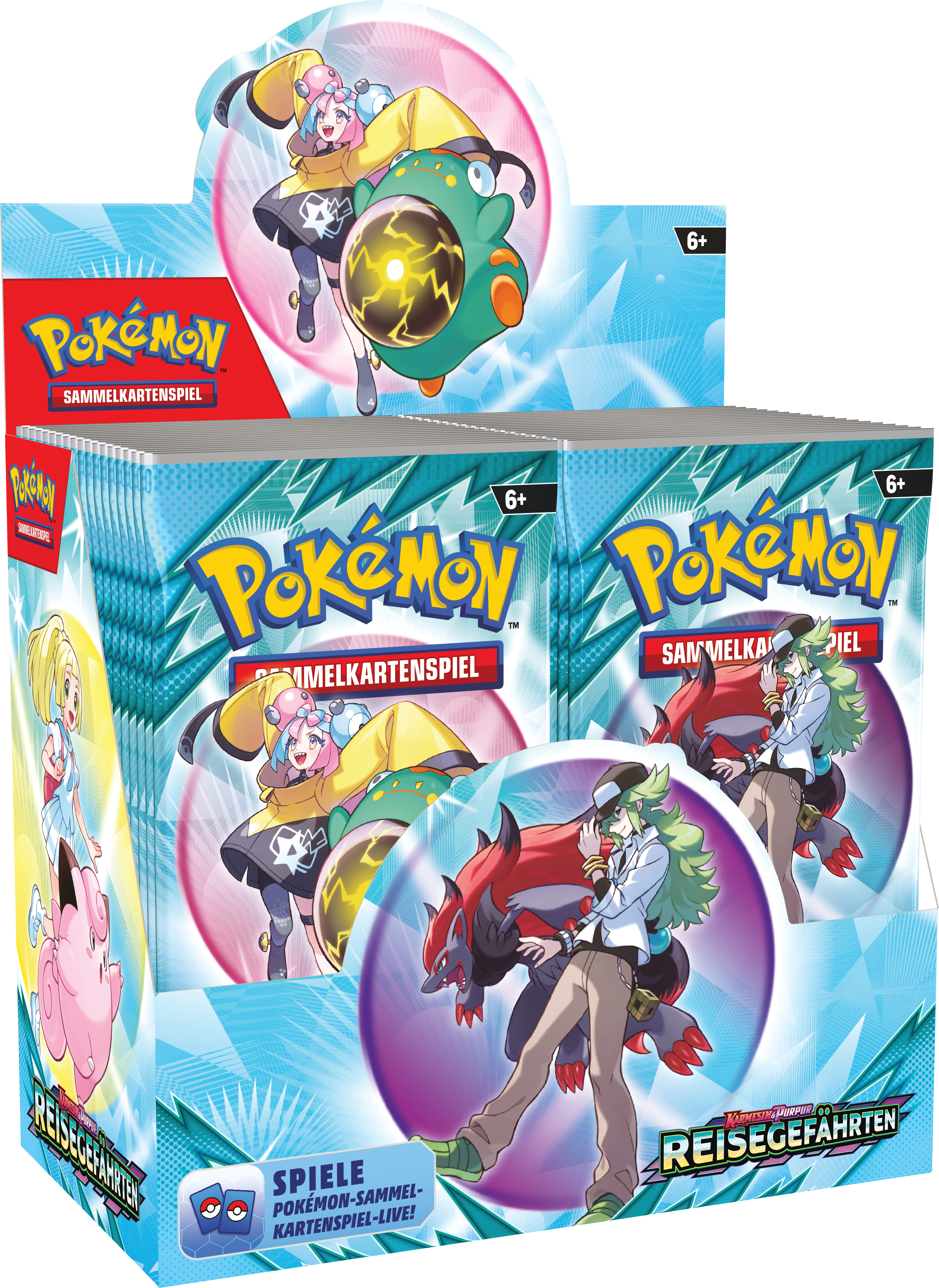 Eine Vitrine voller Pokémon-Kartenpackungen.