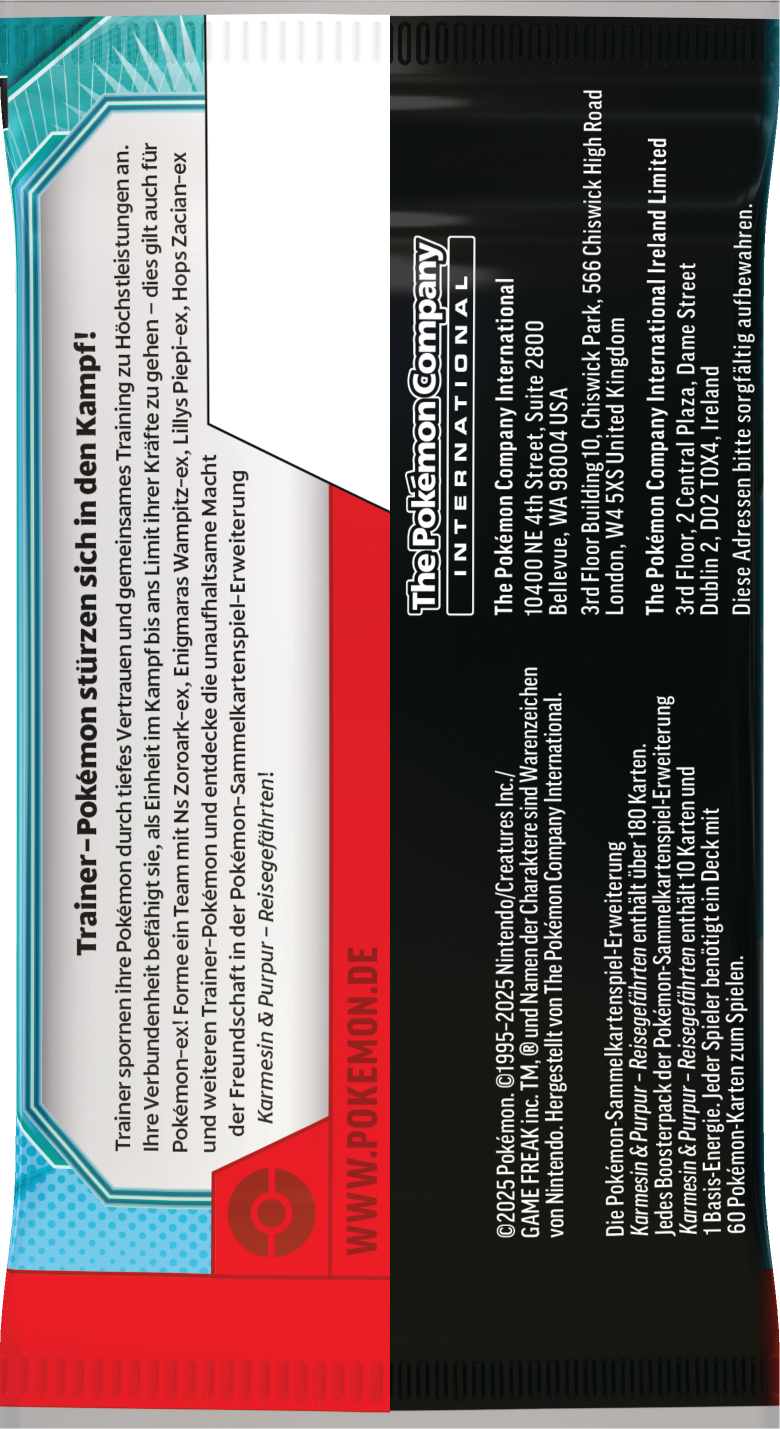 Pokemon-Sammelkartenpackung mit Text und rotem und weißem Hintergrund.
