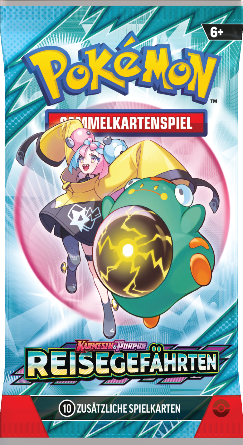 Eine Pokémon-Kartenpackung mit einer Frau, die eine Kugel hält.