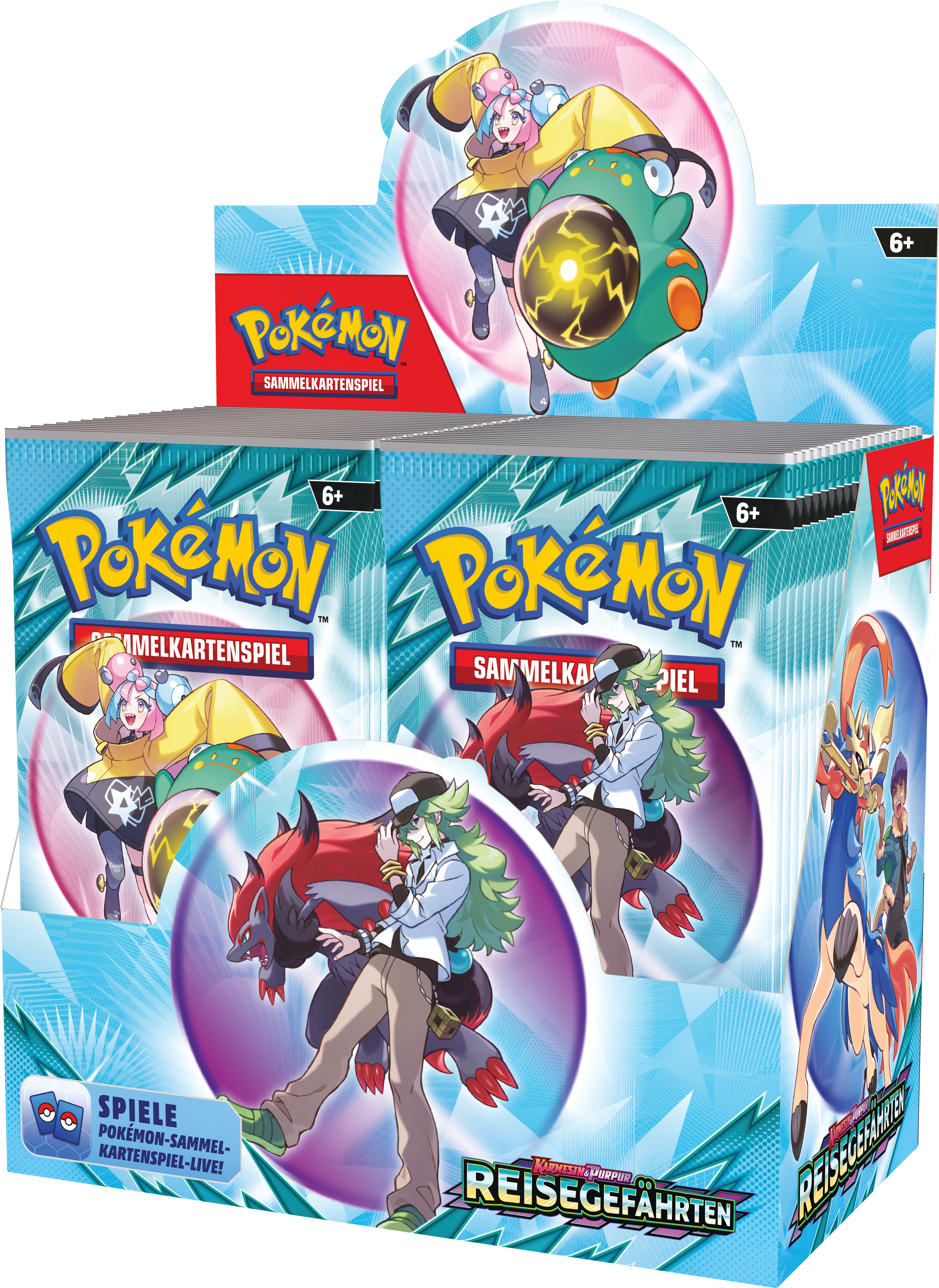 Gestapelte Pokemon-Sammelkartenspiel-Boxen mit Charakteren und Spielgrafiken auf der Vorderseite.