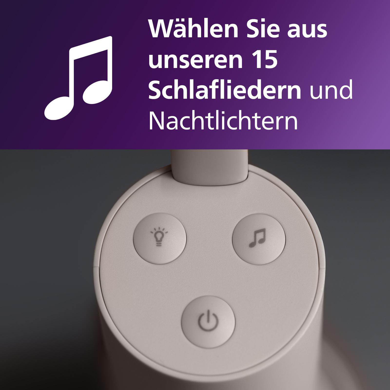 Weiße Musiksymbol-Tasten auf einem Gerät mit Text, lila Hintergrund.