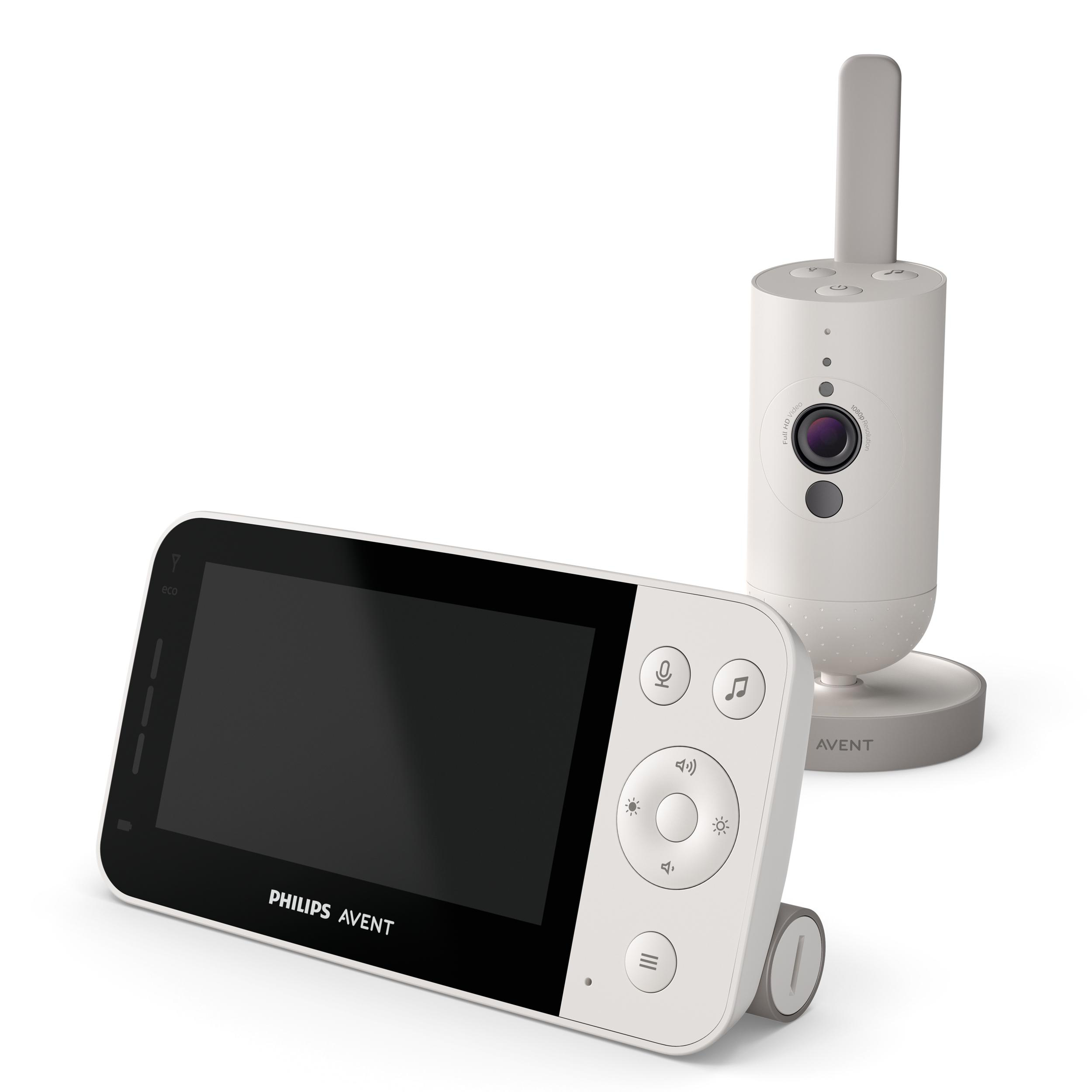 Weißer Babyphone mit Bildschirm und Kamera. Weißer Hintergrund. Die Kamera ist oben.