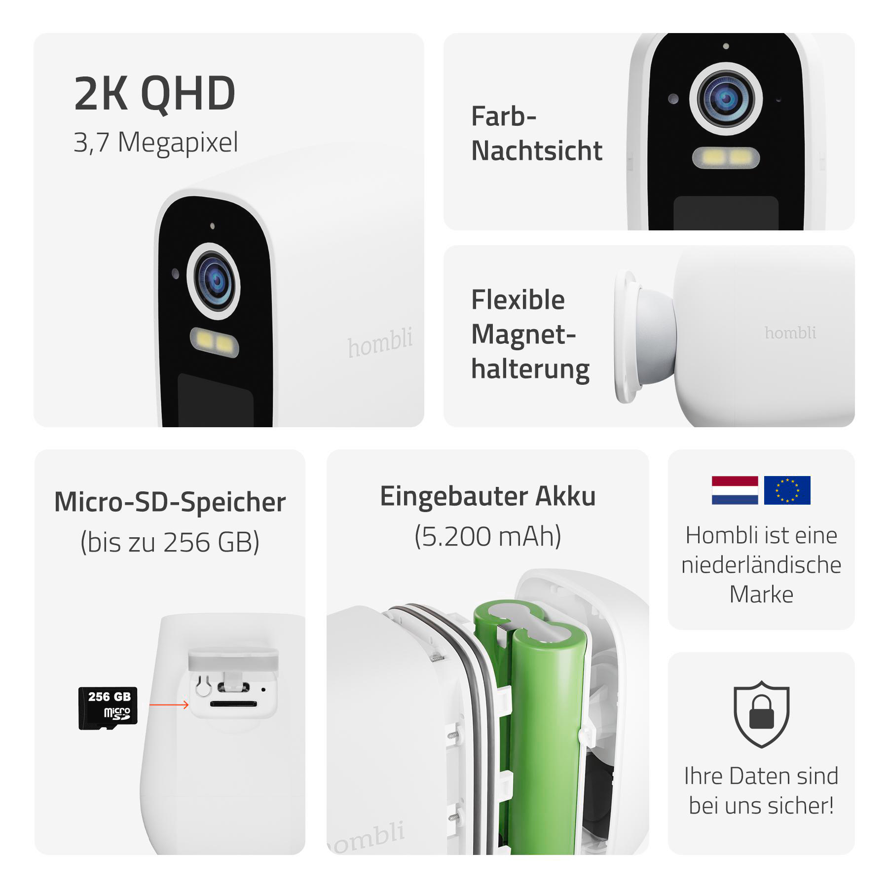 Eine weiße Sicherheitskamera mit Details zu ihren Funktionen, einschließlich Akku.