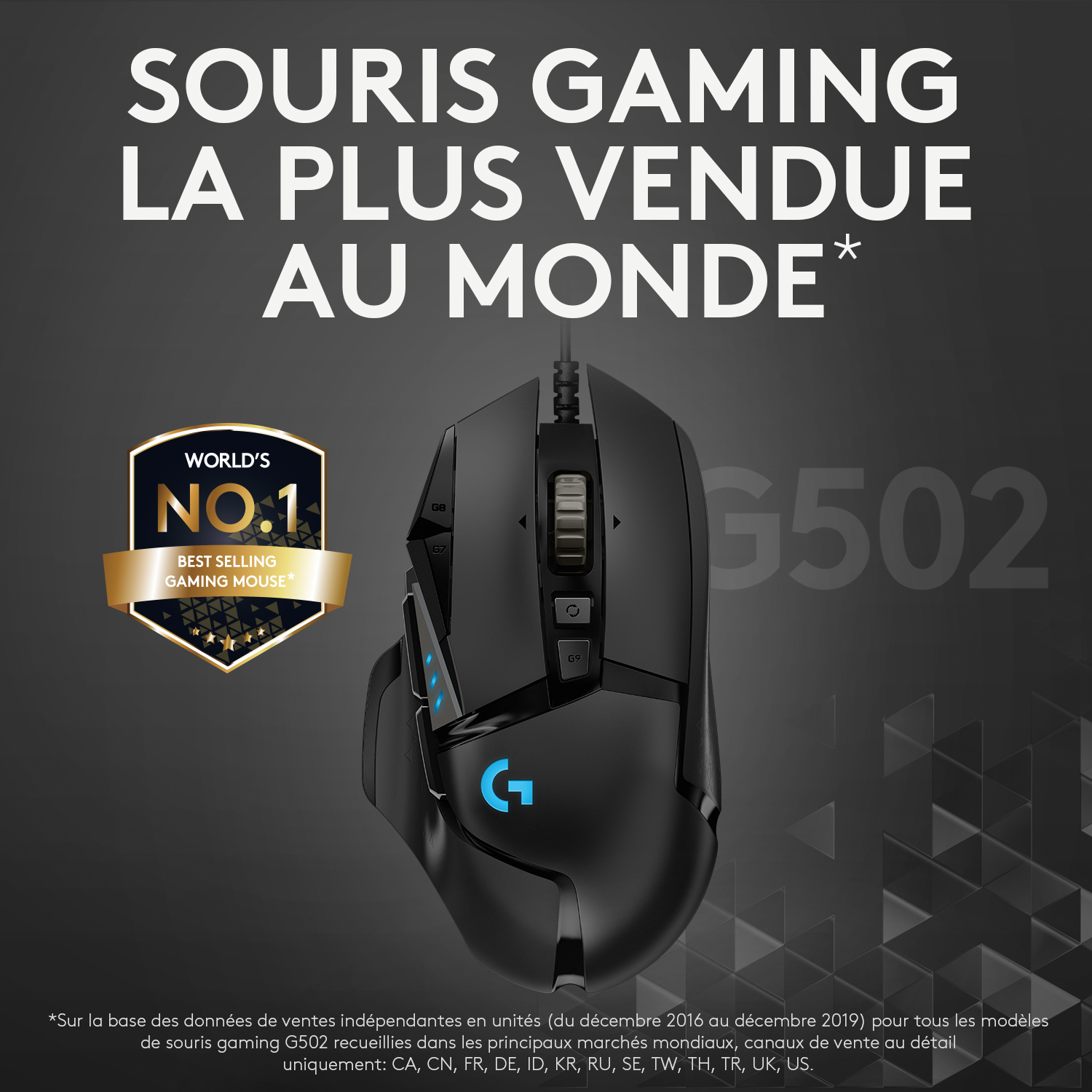 Souris gaming noire avec boutons et cordon. Les mots "World's No.1 Best Selling Gaming Mouse".