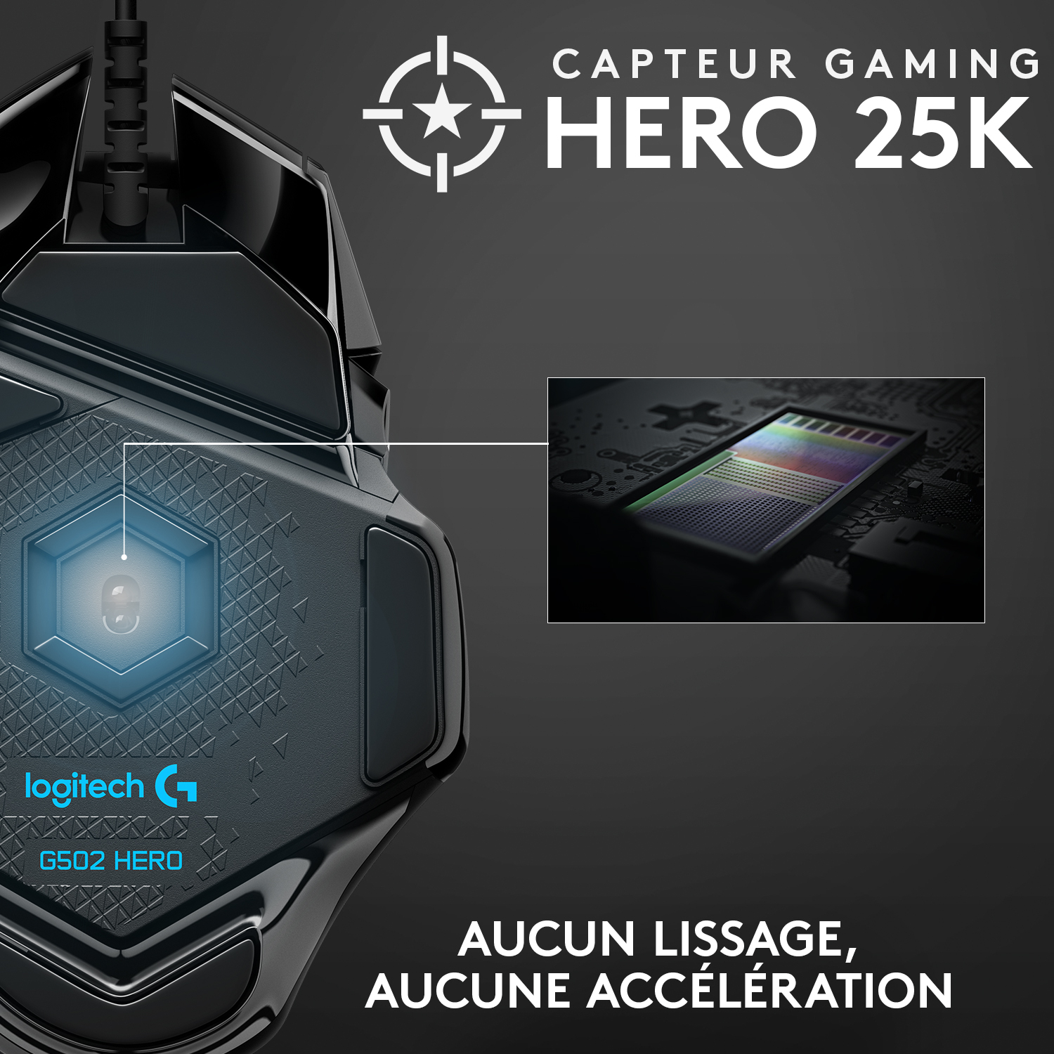 Gros plan d'une souris gaming noire avec logo lumineux et texte. Fond sombre.