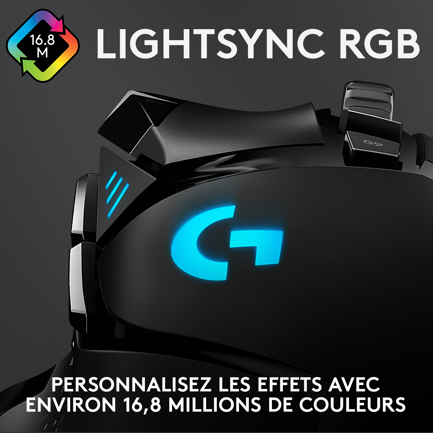 Souris de jeu noire avec logo 'G' bleu et lumières latérales, étiquetée 'LIGHTSYNC RGB'.