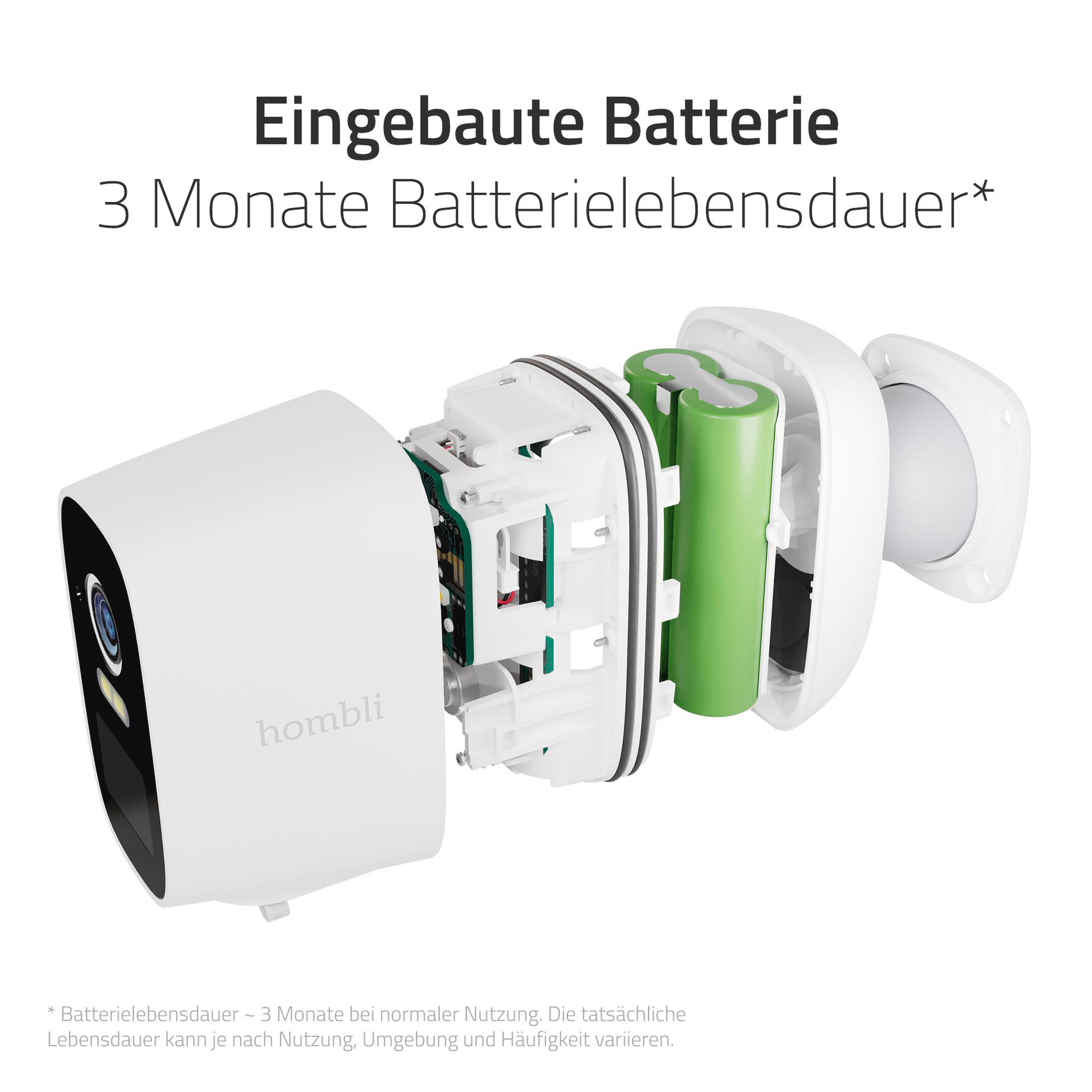 Weiße Überwachungskamera, geöffnet, um interne Komponenten und grüne Batterie zu zeigen.