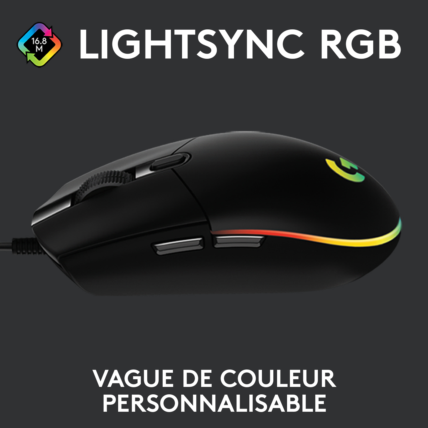 Souris de jeu noire avec bande lumineuse colorée, étiquetée 'LIGHTSYNC RGB'.